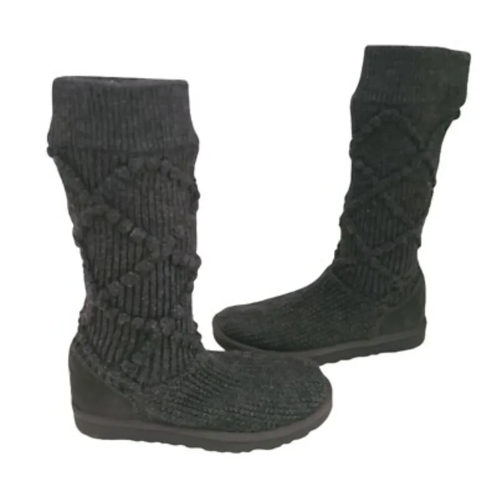 Ugg Cozy Classic Tall Gray Black Cable Knit Sweater Women's Boots 10
